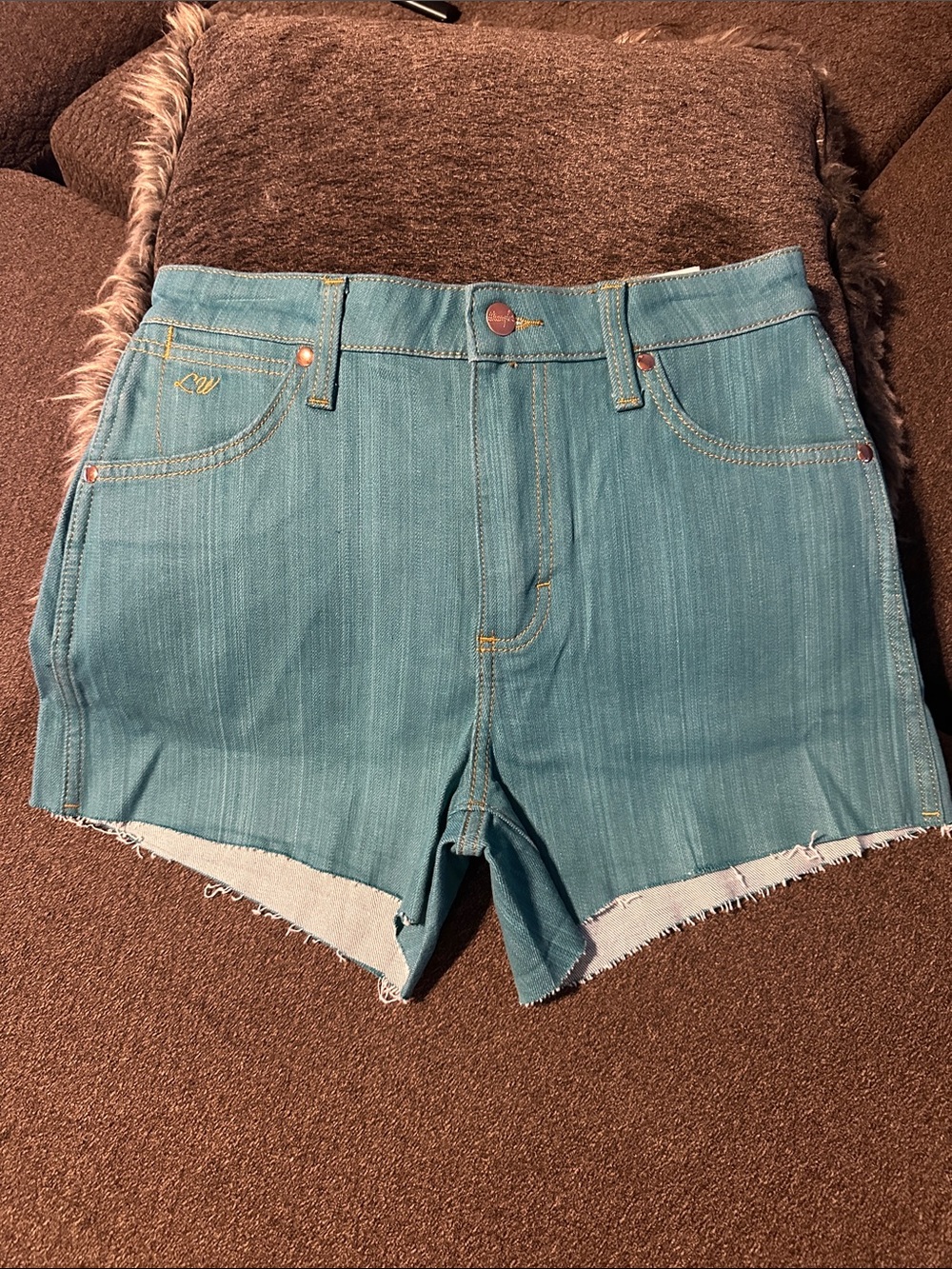 Wrangler Teal Denim Frayed Hem Shorts - Picture 2 of 5